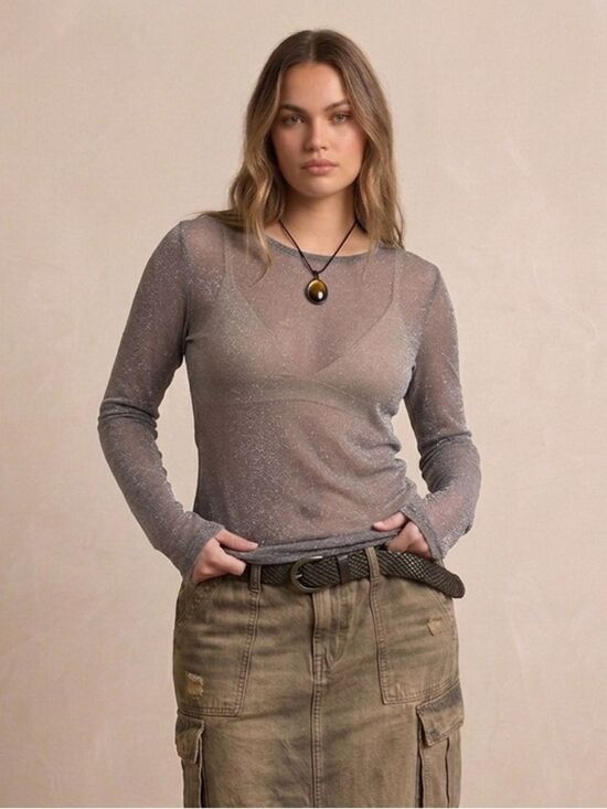 Victoria's Secret Tops - Victoria's Secret Y2K Metallic Shimmer Sheer Mesh Long Sleeve Top Silver L